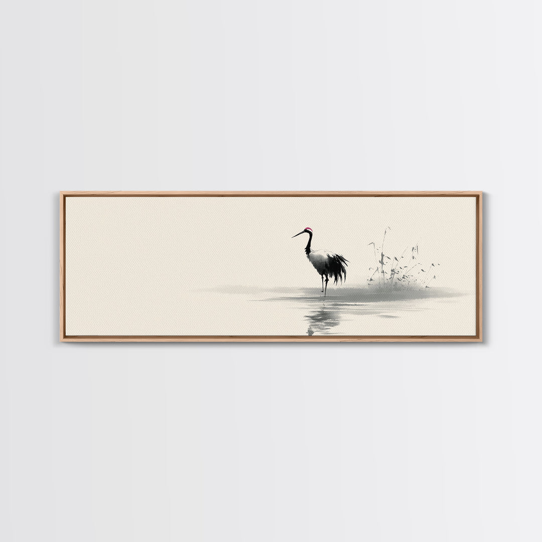 Minimalist Crane By Water Framed Canvas Print, Japanese Wall Art, Zen Bird Illustration, Neutral Living Room Decor, Fine Art Print