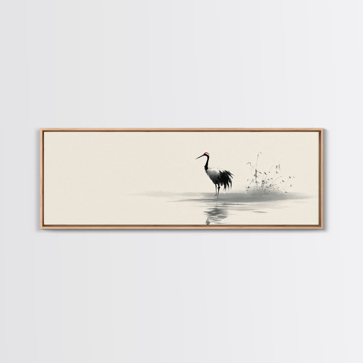 Minimalist Crane By Water Framed Canvas Print, Japanese Wall Art, Zen Bird Illustration, Neutral Living Room Decor, Fine Art Print