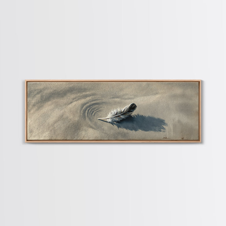 Feather On Sand Wall Art, Minimalist Coastal Nature Print, Neutral Beach Decor, Calming Wabi Sabi Wall Decor, Framed Canvas Print