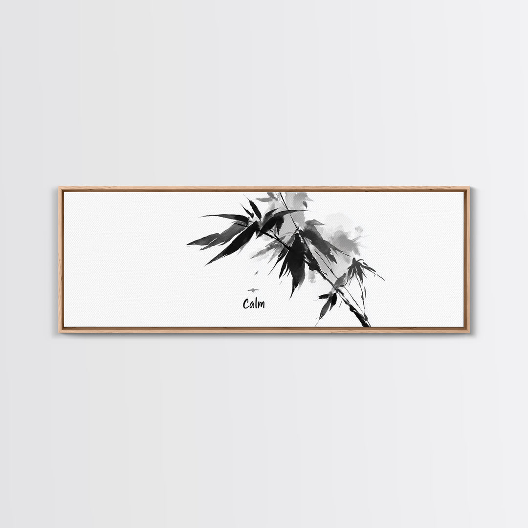 Black Ink Bamboo Calm Wall Art, Minimalist Japanese Zen Brush Painting, Black And White Decor, Peaceful Meditation Canvas Print