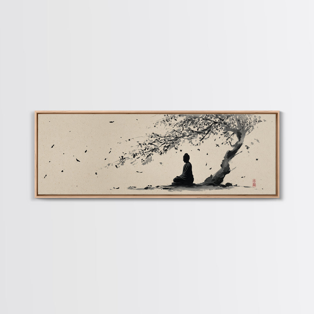 Zen Figure Under Windblown Tree Wall Art, Japanese Ink Landscape, Minimalist Zen Decor, Calming Meditation Room Art Print