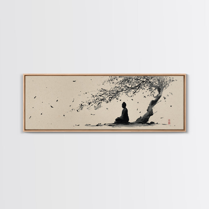 Zen Figure Under Windblown Tree Wall Art, Japanese Ink Landscape, Minimalist Zen Decor, Calming Meditation Room Art Print