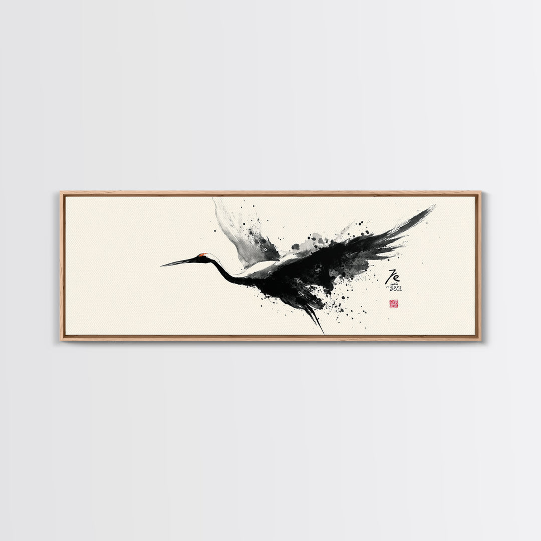 Black Ink Crane Wall Art, Japanese Brush Canvas Print, Minimalist Bird Art, Black And White Art, Zen Wall Decor, Asian Inspired Art