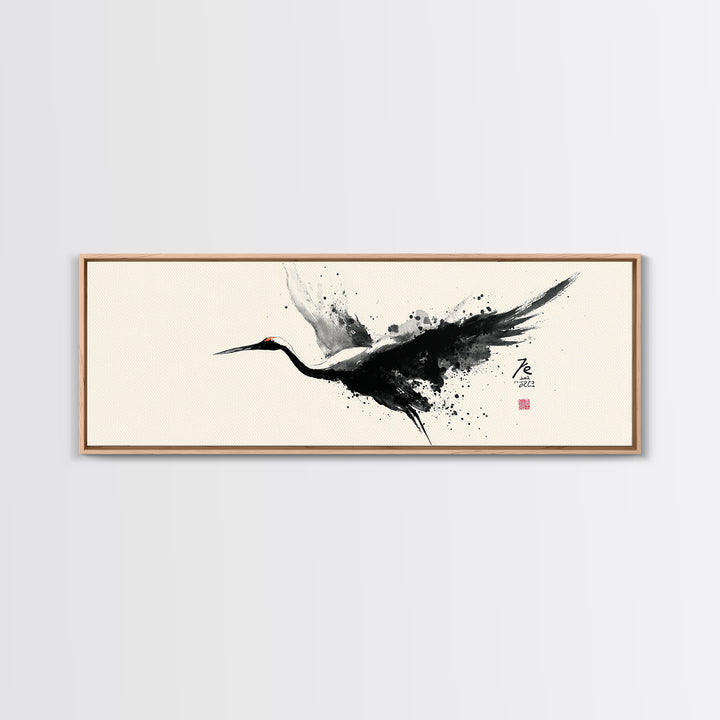 Black Ink Crane Wall Art, Japanese Brush Canvas Print, Minimalist Bird Art, Black And White Art, Zen Wall Decor, Asian Inspired Art