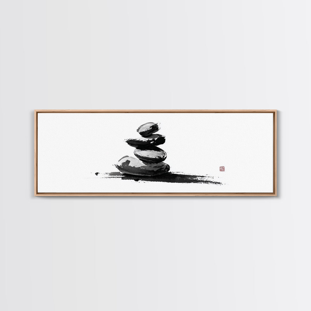 Stacked Zen Stones Canvas Print, Minimalist Wall Art, Sumi Ink Painting, Spa Decor, Meditation Room, Neutral Home Decor Art