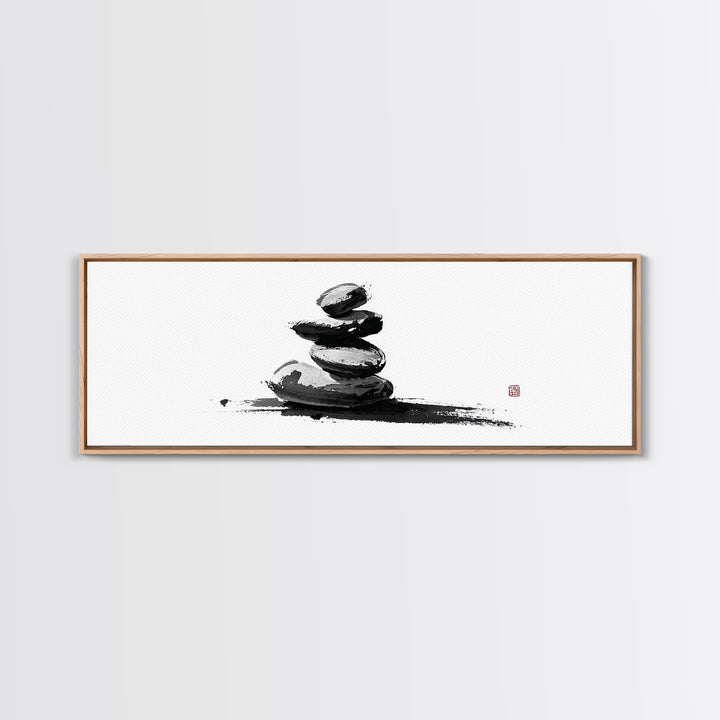 Stacked Zen Stones Canvas Print, Minimalist Wall Art, Sumi Ink Painting, Spa Decor, Meditation Room, Neutral Home Decor Art
