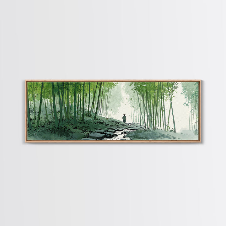 Bamboo Forest Path Canvas Print, Japanese Zen Landscape Wall Art, Green Nature Painting, Japandi Meditation Room Decor Print