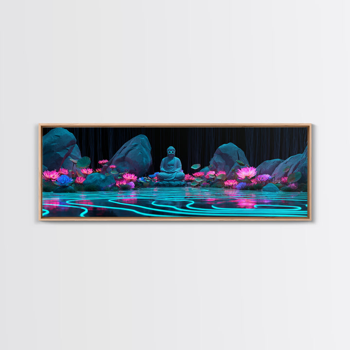 Neon Buddha Lotus Pond Wall Art, Zen Meditation Canvas, Spiritual Decor, Japandi Wall Decor, Yoga Room, Calming Art Print