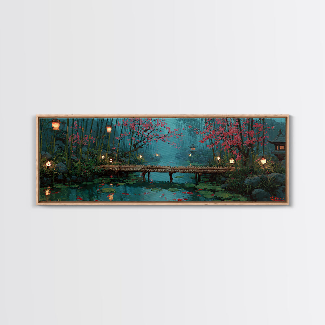 Cherry Blossom Bamboo Pond Wall Art, Japanese Lantern Bridge Canvas, Serene Zen Landscape, Japandi Living Room Decor, Calming Home Decor