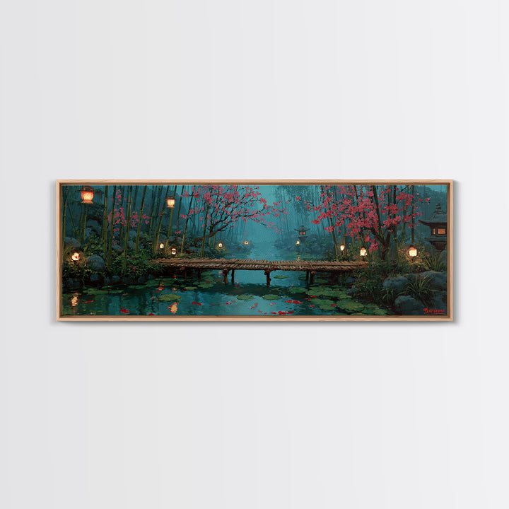 Cherry Blossom Bamboo Pond Wall Art, Japanese Lantern Bridge Canvas, Serene Zen Landscape, Japandi Living Room Decor, Calming Home Decor