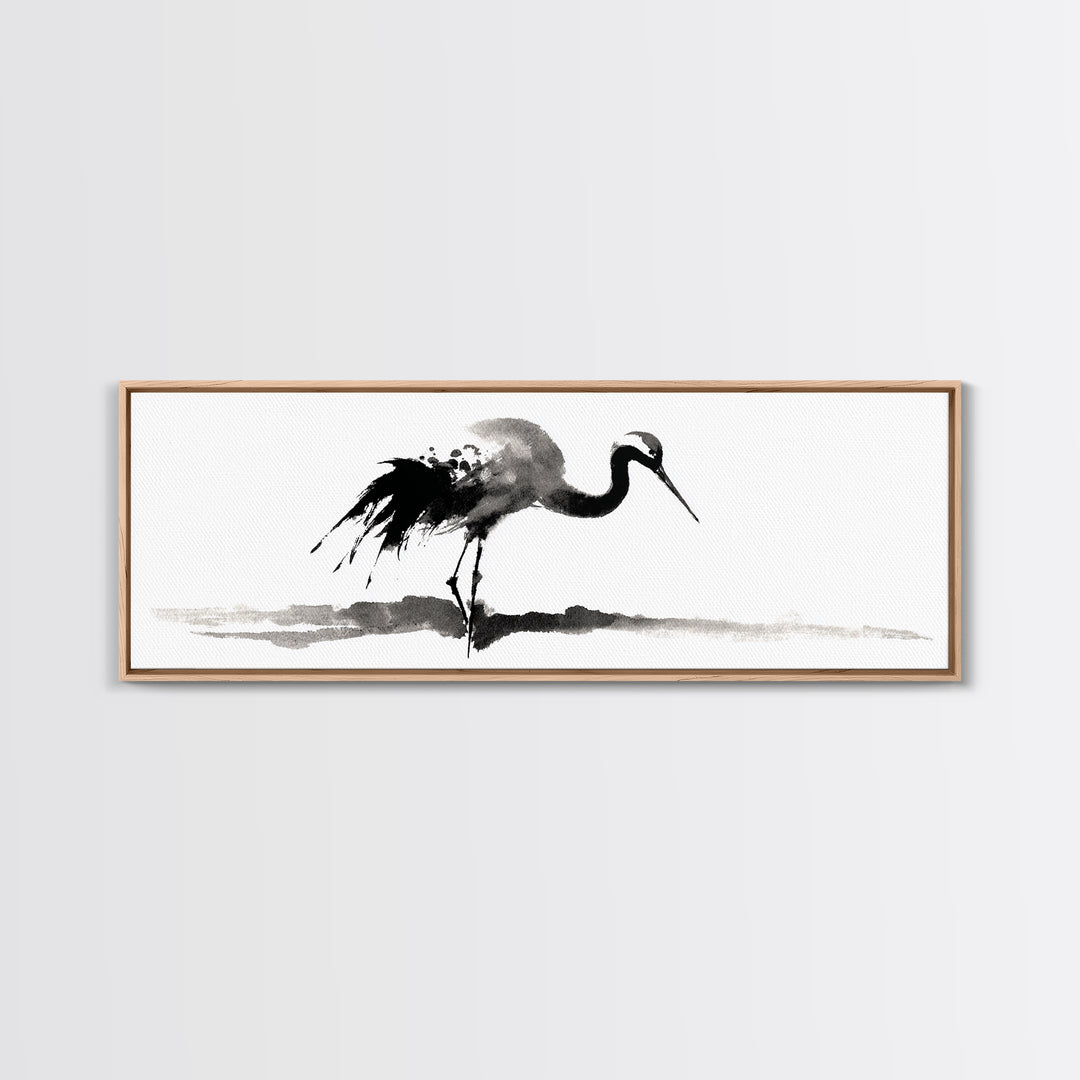 Black Ink Crane Wall Art, Minimalist Bird Painting Canvas Print, Japanese Wall Decor, Zen Home Decor, Black And White Art