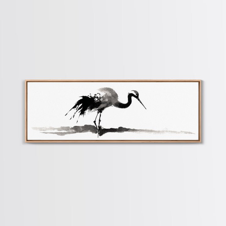 Black Ink Crane Wall Art, Minimalist Bird Painting Canvas Print, Japanese Wall Decor, Zen Home Decor, Black And White Art