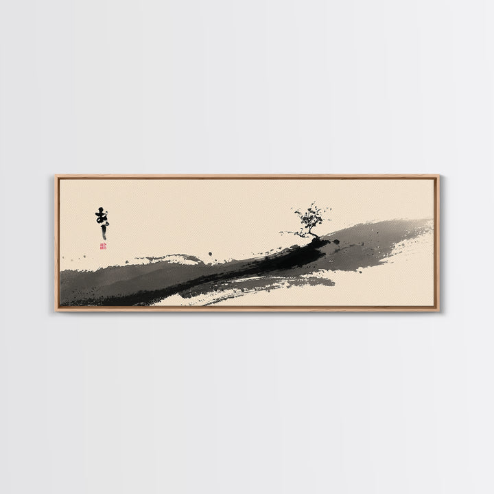 Minimal Ink Tree Canvas Print, Japanese Calligraphy Landscape Wall Art, Zen Brush Painting, Neutral Japandi Home Decor Print