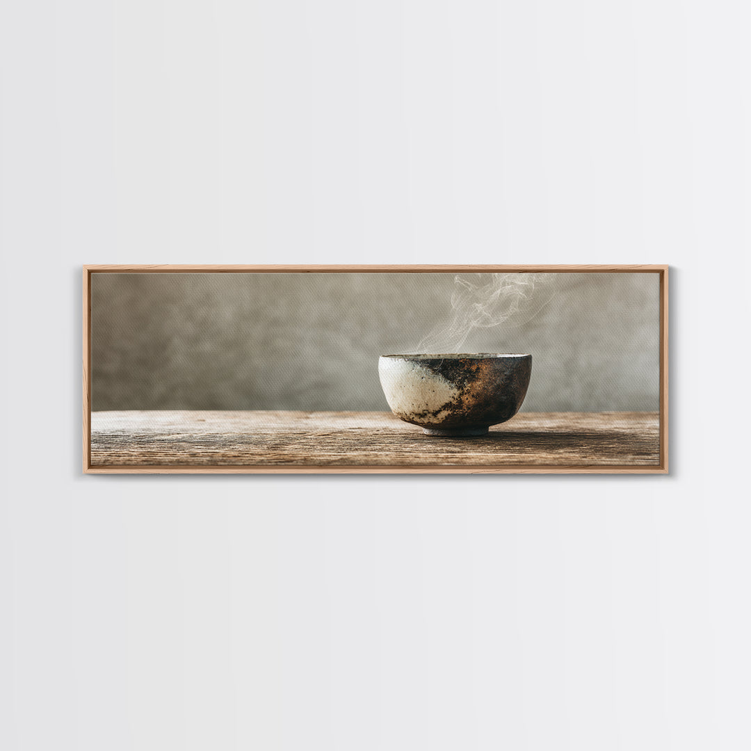 Steaming Wabi Sabi Ceramic Bowl Wall Art, Neutral Kitchen Canvas Print, Japandi Dining Room Decor, Minimalist Zen Fine Art Print