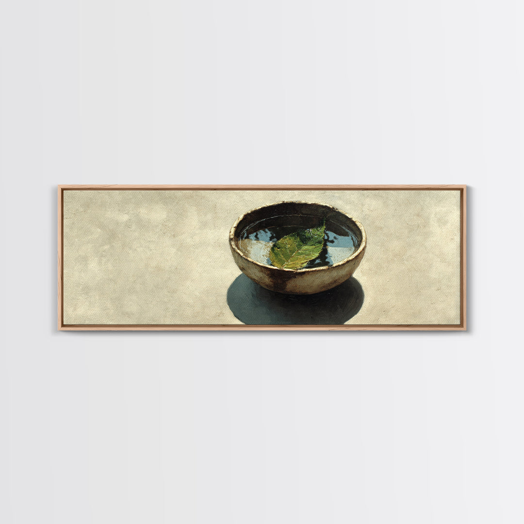 Rustic Bowl With Floating Leaf Canvas Print, Wabi Sabi Wall Art, Minimalist Still Life, Japandi Zen Home Decor, Neutral Kitchen Art Print