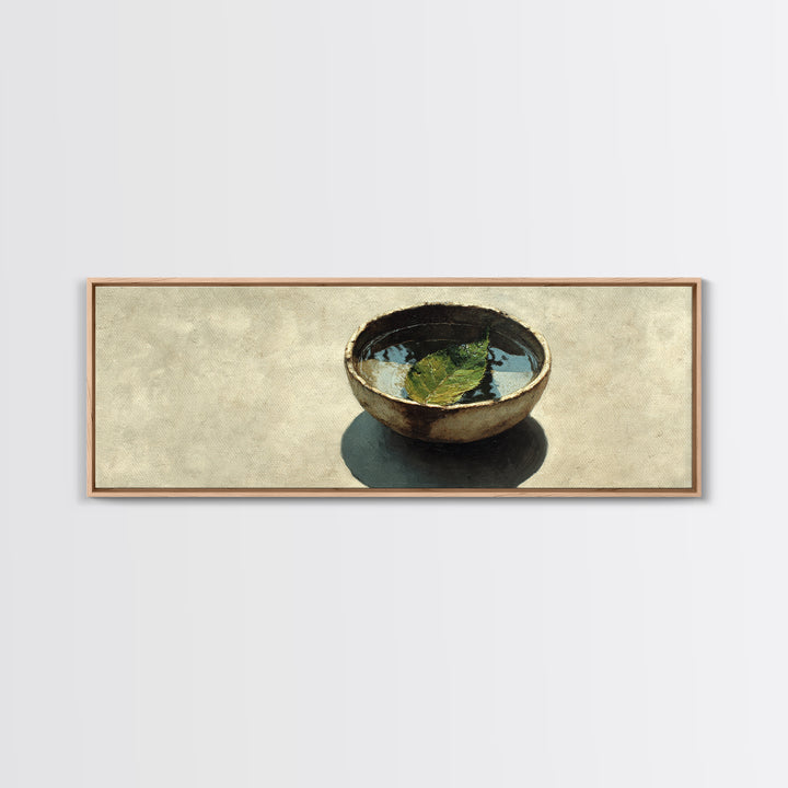 Rustic Bowl With Floating Leaf Canvas Print, Wabi Sabi Wall Art, Minimalist Still Life, Japandi Zen Home Decor, Neutral Kitchen Art Print