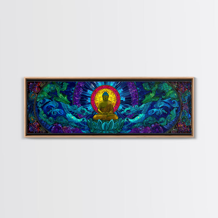 Stained Glass Buddha Ocean Wave Wall Art, Lotus Meditation Canvas Print, Colorful Zen Spiritual Yoga Room Home Decor Gift