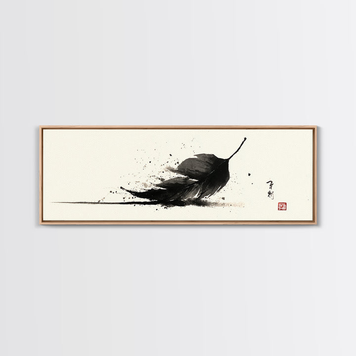 Black Ink Feather Japanese Sumi Wall Art, Minimalist Black And White Art Print, Zen Nature Decor For Office Or Bedroom Wall Decor