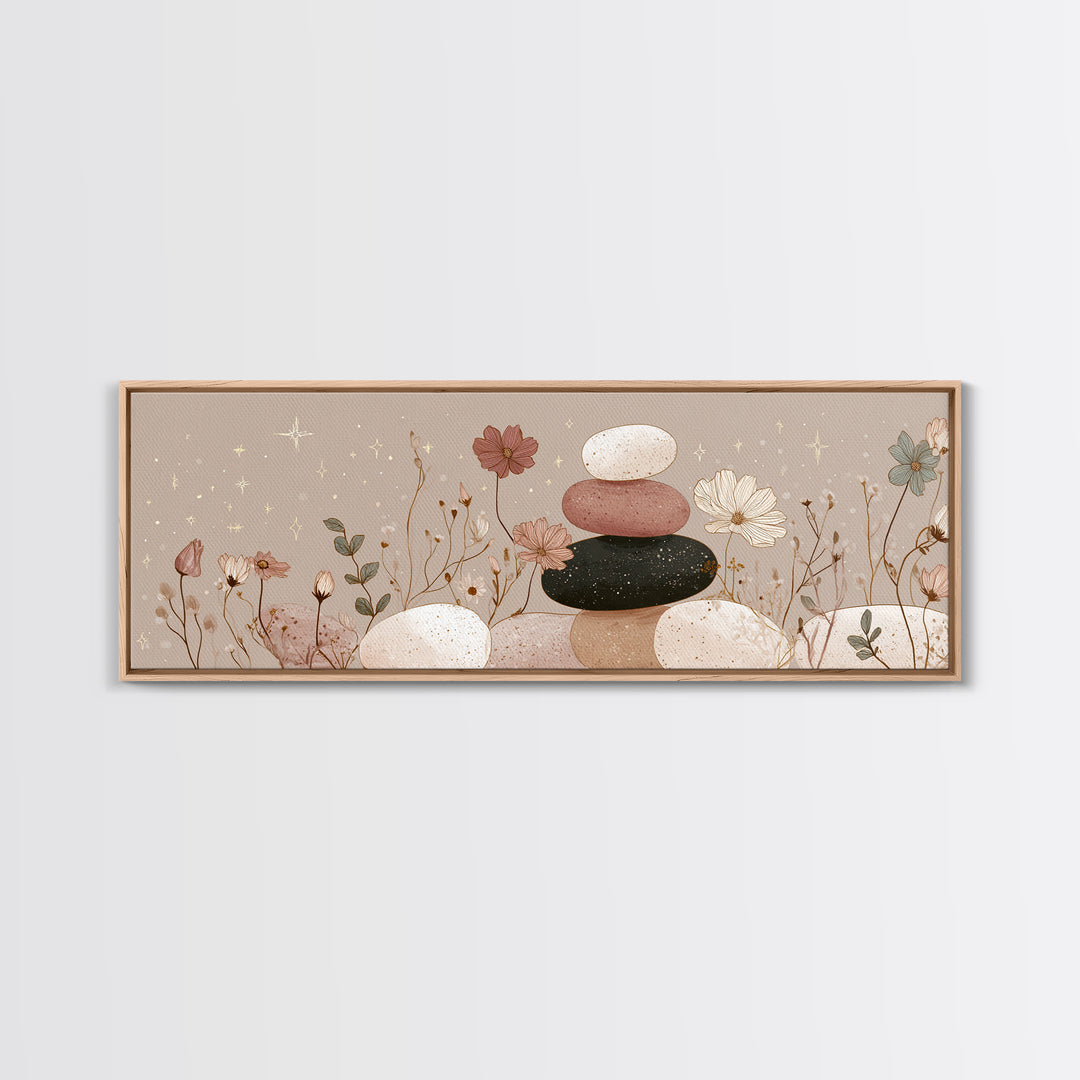 Stacked Zen Stones And Wildflowers Wall Art, Neutral Spa Canvas Print, Mindfulness Decor, Calming Boho Bathroom Art Gift