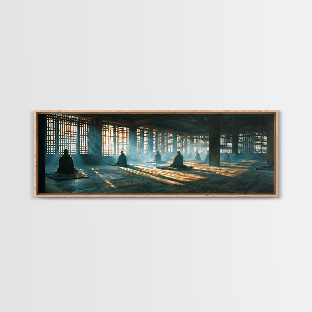 Meditation Hall With Monks And Sunbeams Wall Art, Zen Framed Canvas Print, Spiritual Decor, Yoga Studio, Prayer Room Art