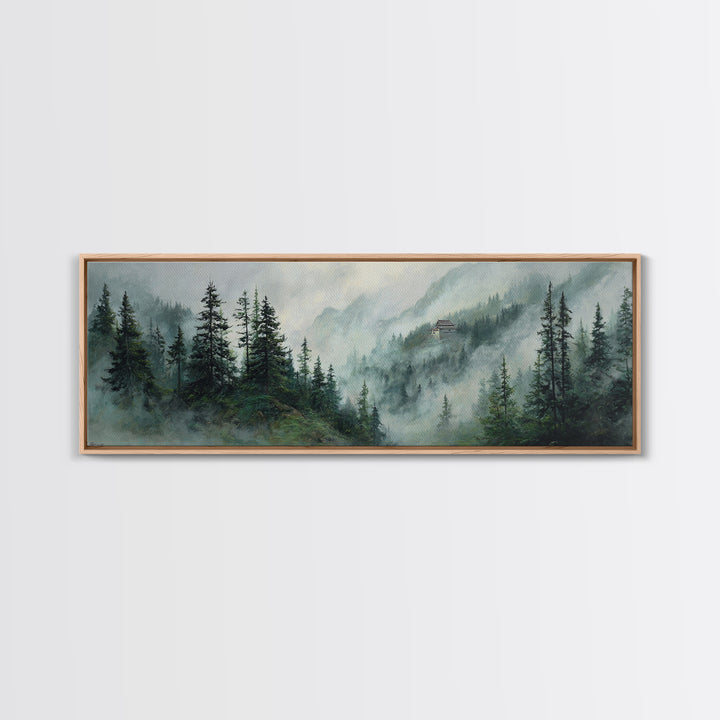 Misty Pine Mountain Temple Wall Art, Foggy Evergreen Forest Landscape, Japandi Nature Decor, Long Horizontal Canvas Print