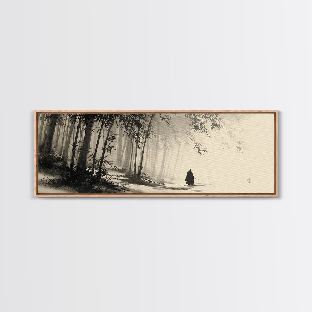 Misty Bamboo Forest Monk In Ink Wash Framed Canvas Print, Japanese Wall Art, Zen Meditation Decor, Japandi Home Decor, Calming Wall Decor