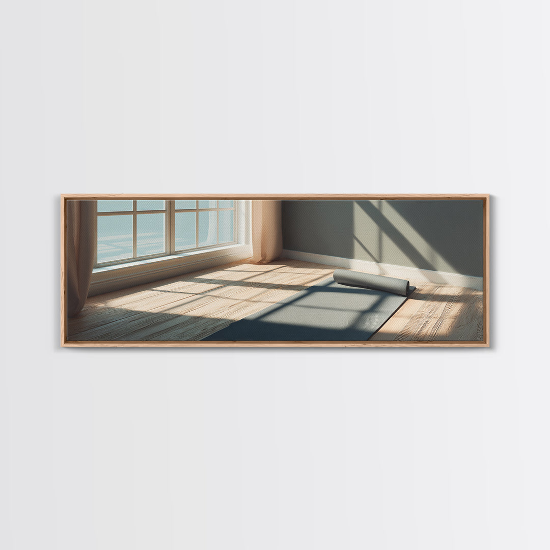 Sunlit Yoga Mat By Window Canvas Print, Calm Minimalist Fitness Studio Wall Art, Modern Wellness Room And Home Gym Decor