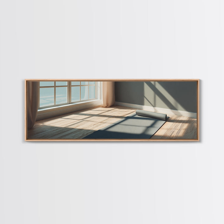Sunlit Yoga Mat By Window Canvas Print, Calm Minimalist Fitness Studio Wall Art, Modern Wellness Room And Home Gym Decor