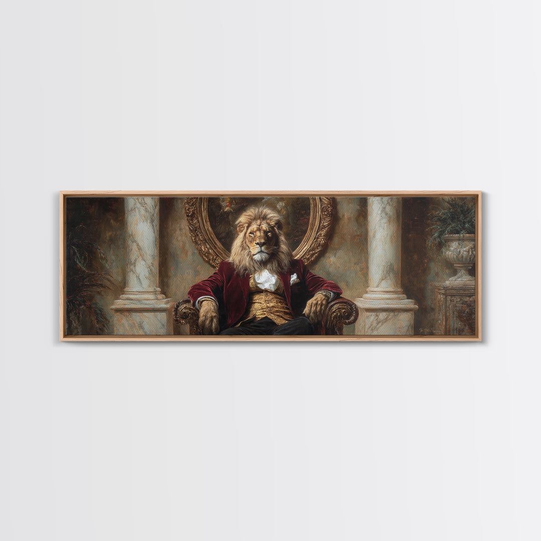 Velvet Throne Lion King Framed Canvas Print, Royal Animal Portrait, Bold Baroque Wall Decor, Luxury Office Art, Gift For Him