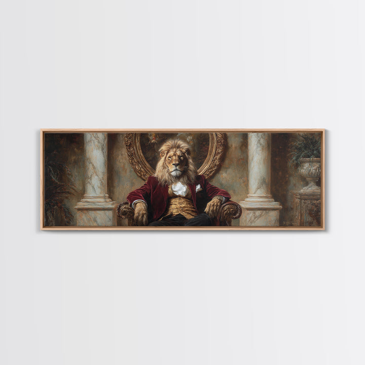 Velvet Throne Lion King Framed Canvas Print, Royal Animal Portrait, Bold Baroque Wall Decor, Luxury Office Art, Gift For Him