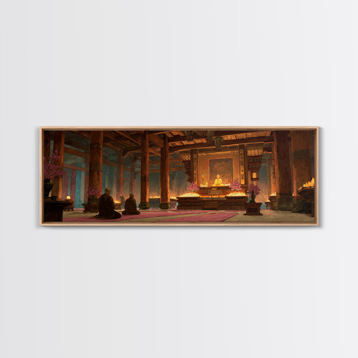 Candlelit Buddhist Temple Meditation Wall Art, Zen Canvas Print For Yoga Room Decor, Spiritual Home Decor And Prayer Room