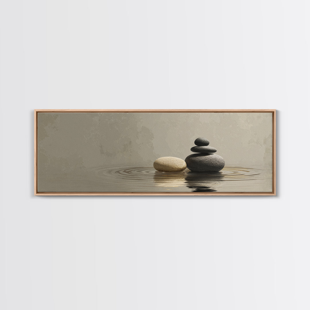 Zen Stacked Stones Framed Canvas Print, Neutral Water Reflection, Minimalist Spa Wall Art, Calm Japandi Meditation Room Home Decor