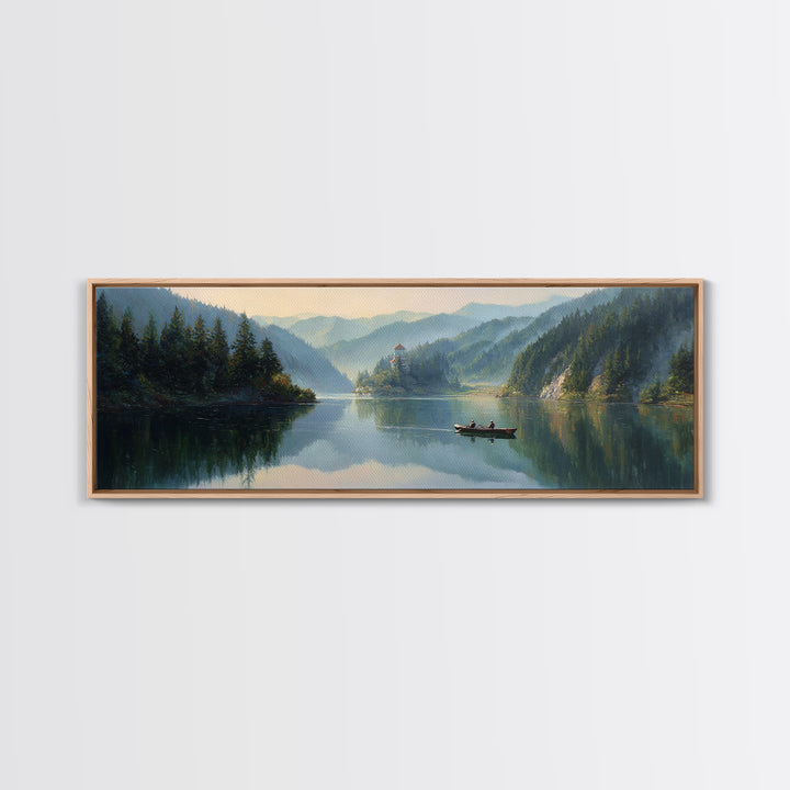 Misty Mountain Lake Boat Wall Art, Serene Landscape Canvas Print, Cabin Decor, Nature Painting, Large Living Room Decor, Housewarming Gift