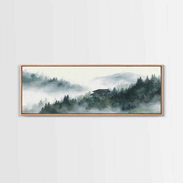 Misty Forest Cabin In Mountain Fog Wall Art, Japandi Landscape Print, Calming Nature Decor, Neutral Home Decor For Living Room
