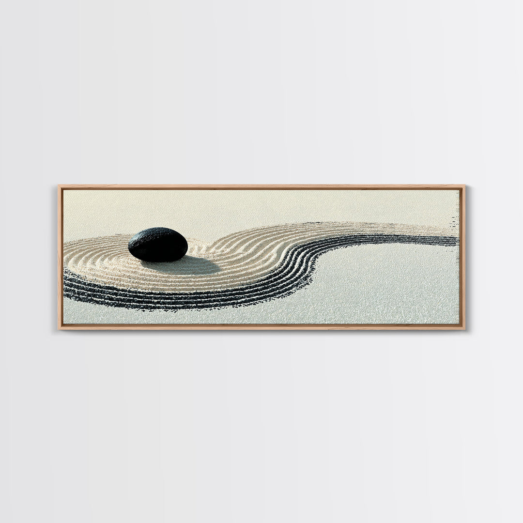 Black Stone Zen Garden Wall Art, Minimalist Sand Ripple Canvas Print, Japandi Spa Decor, Neutral Meditation Room Poster Print
