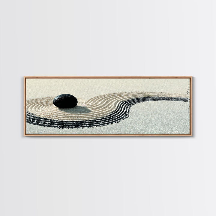 Black Stone Zen Garden Wall Art, Minimalist Sand Ripple Canvas Print, Japandi Spa Decor, Neutral Meditation Room Poster Print
