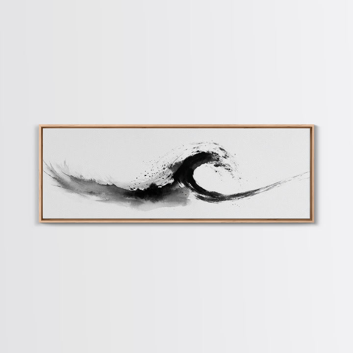 Black Ink Wave Minimalist Seascape Wall Art, Japanese Sumi Ocean Print, Coastal Zen Decor, Modern Black And White Art, Long Horizontal Art