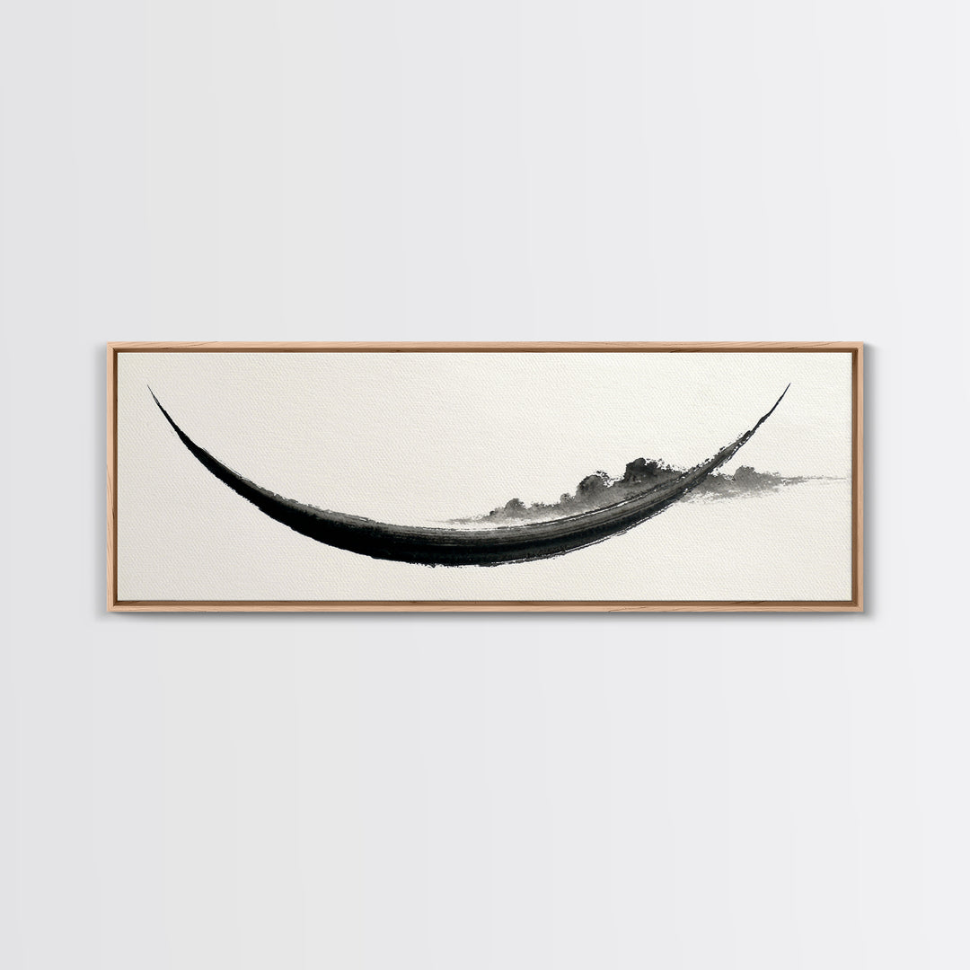 Minimal Black Ink Boat Wall Art, Japanese Zen Canvas Print, Monochrome Abstract, Wabi Sabi Decor, Long Horizontal Art Print