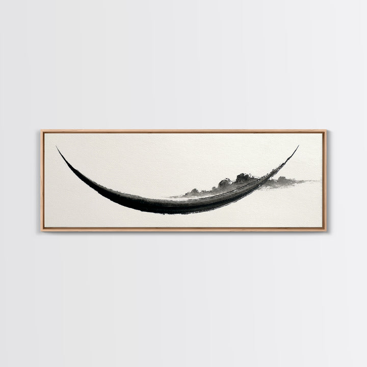 Minimal Black Ink Boat Wall Art, Japanese Zen Canvas Print, Monochrome Abstract, Wabi Sabi Decor, Long Horizontal Art Print