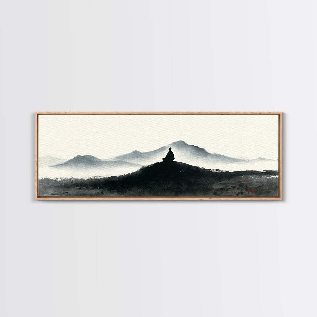 Minimalist Monk Mountain Wall Art, Japanese Ink Wash Landscape, Zen Meditation Decor, Black And White Framed Canvas Print