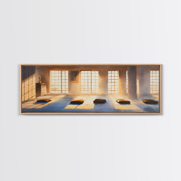 Sunlit Meditation Room With Floor Cushions Canvas Print, Zen Wall Art, Yoga Studio Decor, Calm Minimalist Spa Home Decor