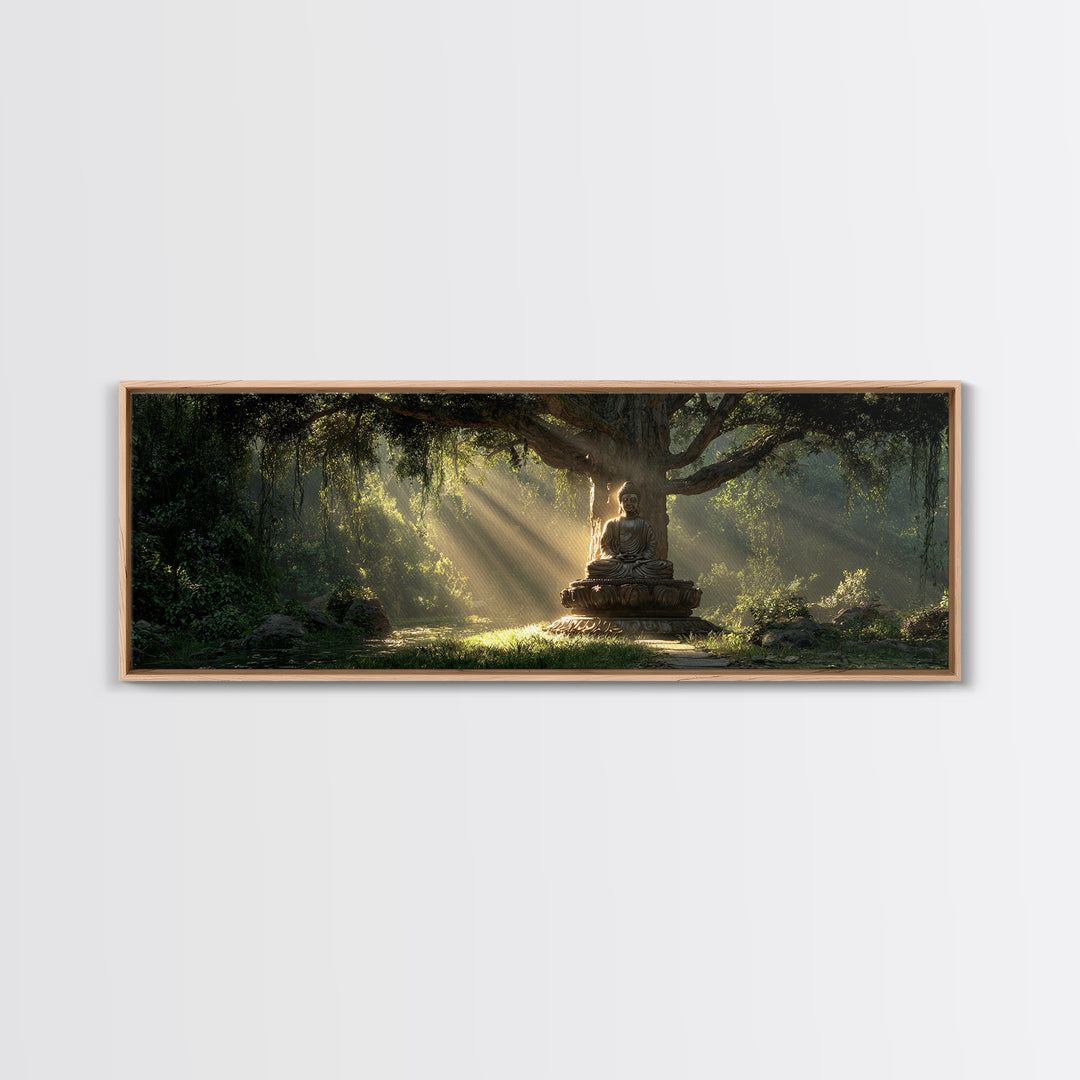 Buddha Statue In Sunlit Forest Wall Art, Zen Meditation Canvas Print, Spiritual Home Decor, Calming Nature Artwork Gift Idea