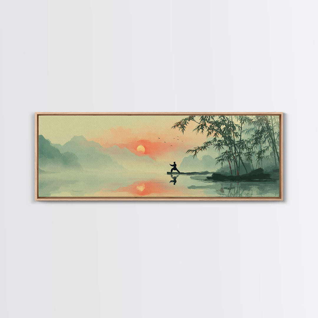 Misty Asian Lake Fisherman Wall Art, Zen Sunrise Landscape Canvas Print, Japanese Bamboo Decor, Peaceful Meditation Room Art