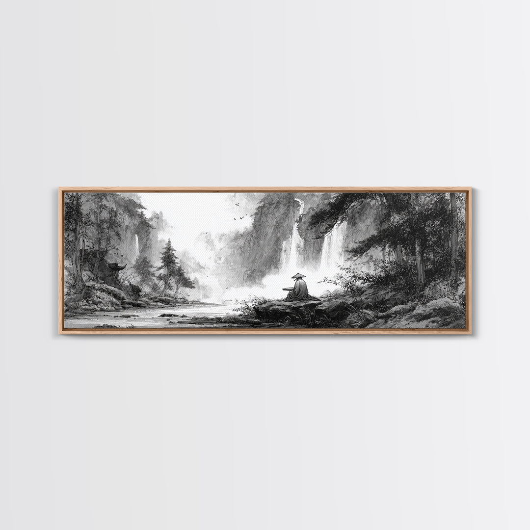 Black And White Waterfall Monk Wall Art, Japanese Landscape Print, Zen Meditation Decor, Nature Art For Office Or Living Room