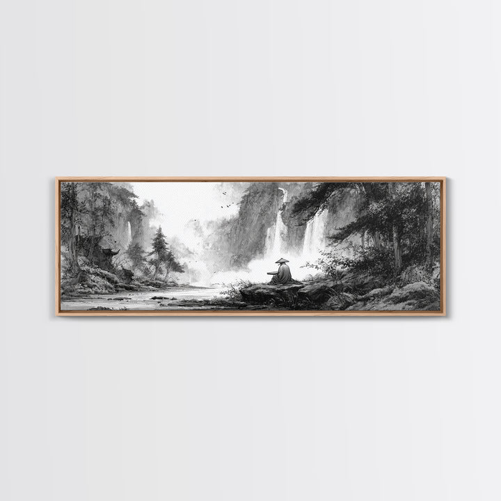 Black And White Waterfall Monk Wall Art, Japanese Landscape Print, Zen Meditation Decor, Nature Art For Office Or Living Room
