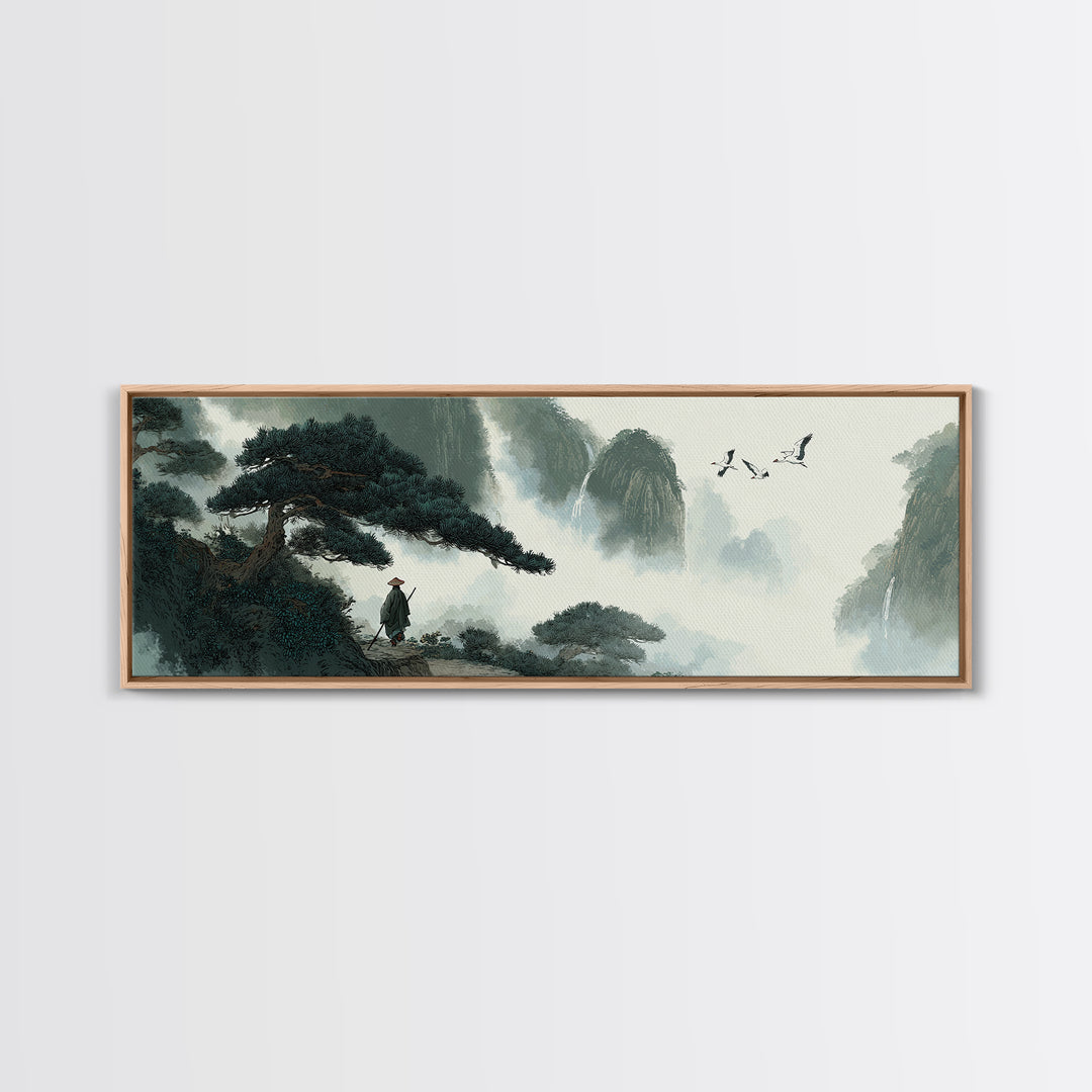 Misty Mountain Pine Landscape Wall Art, Japanese Ink Style Canvas, Zen Nature Print, Panoramic Living Room Decor, Calming Office Decor