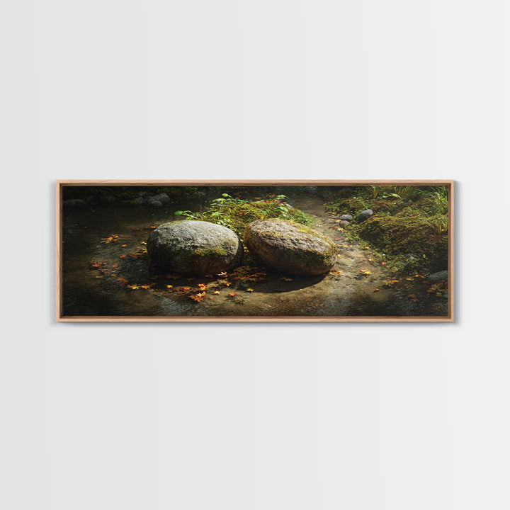Mossy Stream Stones Nature Wall Art, Framed Canvas Print, Zen Spa Decor, Calming Landscape Art For Living Room And Office
