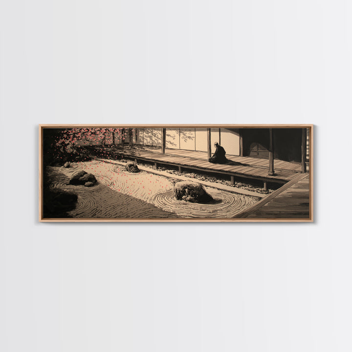 Japanese Zen Garden With Monk Canvas Print, Minimalist Sand Rake Wall Art, Japandi Meditation Decor For Tea Room And Home Decor