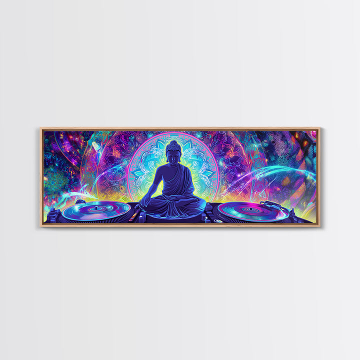 Neon Buddha DJ Canvas Print, Psychedelic Meditation Wall Art, Spiritual Decor, Yoga Studio, Music Room, Vibrant Home Decor