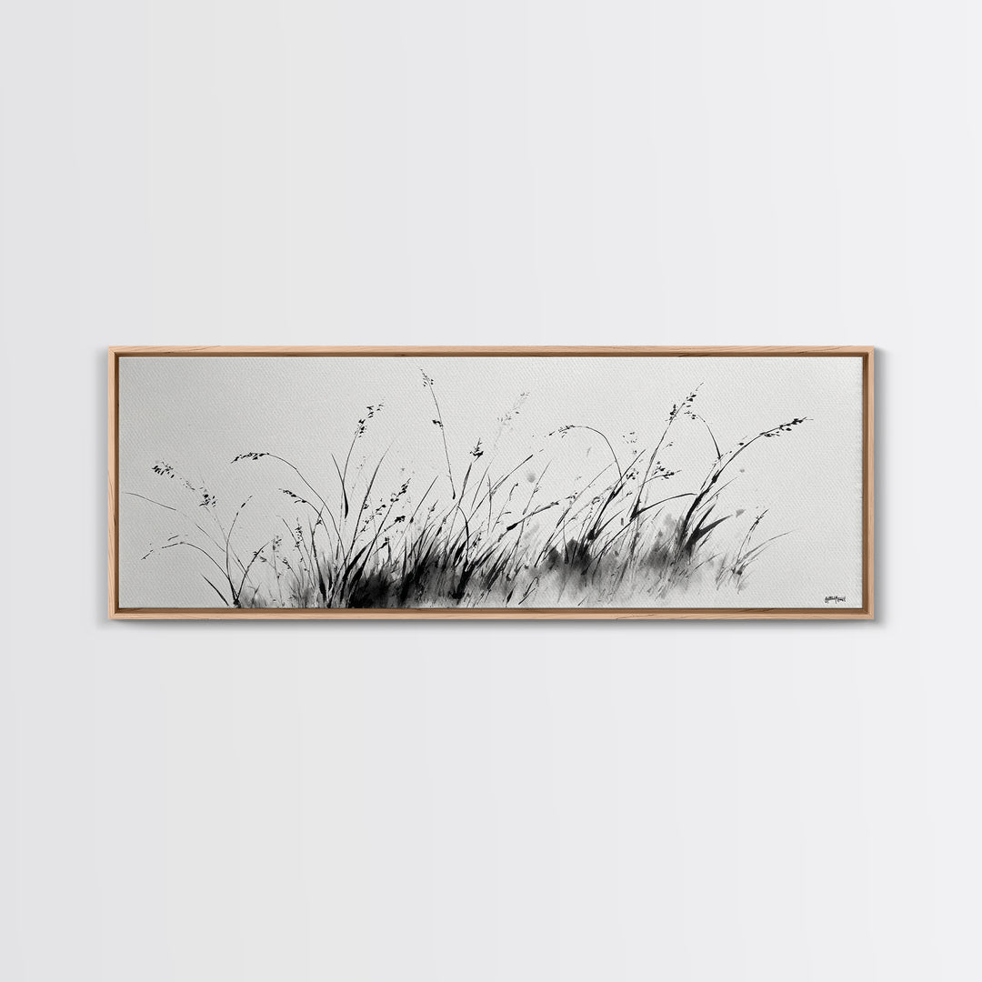 Minimalist Grass Ink Wall Art, Black And White Botanical Canvas Print, Japandi Decor, Neutral Wall Decor, Above Bed Art Print